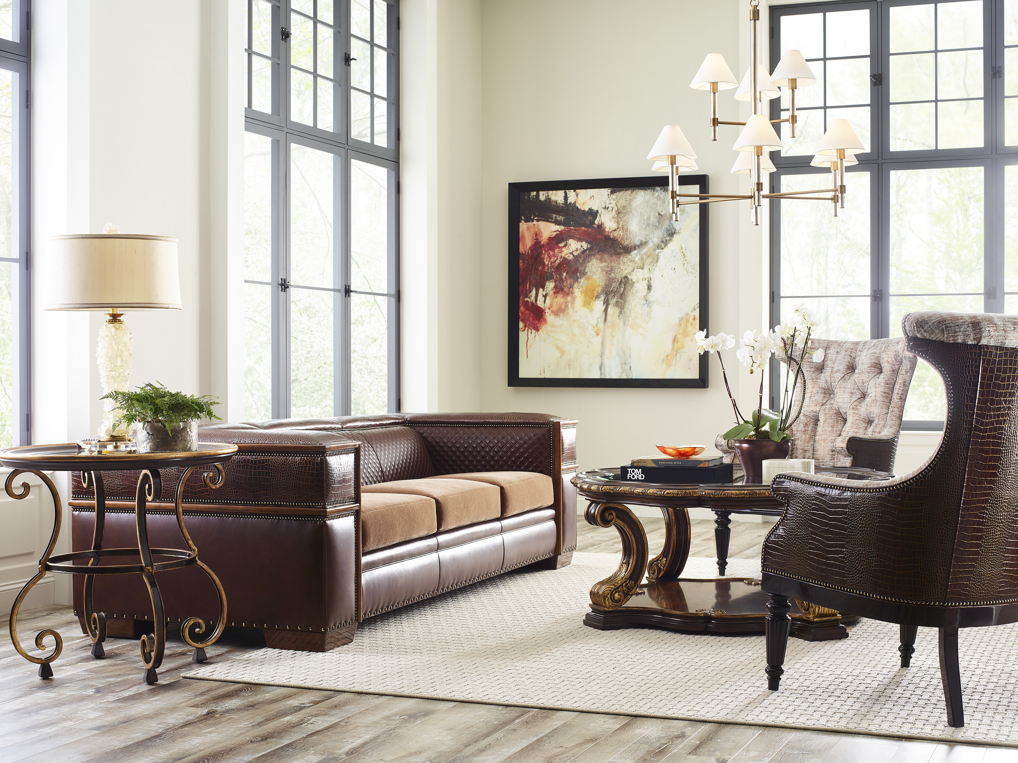 Terrace Sofa shown in Tilton Moose, Allie Java and Nevada Fawn combo with Rainier finish and G & H nails.  Artist Chair shown in Allie Java and Gusto Bronze combo with Brilliance finish and H nails.